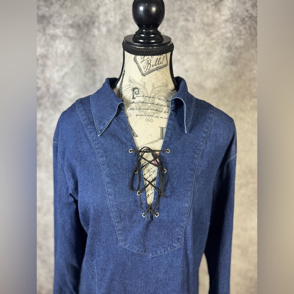 Reality USA Denim Casual Trendy Leather Lace-Up Top Size Large - Picture 2 of 12